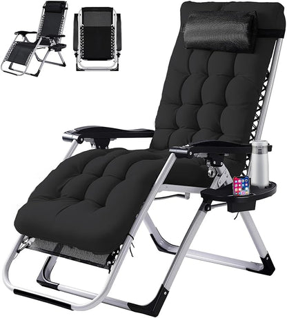 VINGLI Padded Zero Gravity Chair, Lounge Chair with Removable Cushion & Tray， Folding Reclining Patio Chairs， Recliner Chair for Lawn，Indoor Outdoor-Black
