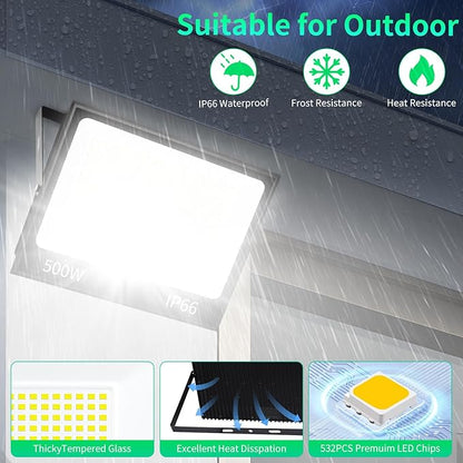 500W LED Flood Light Outdoor with Plug+10ft Cable, 60000LM Ultra Brighter 5000K Exterior Security Light, IP66 Waterproof Commercial Lighting for Sports Fields Counts Arena Stadium(2 Pack)