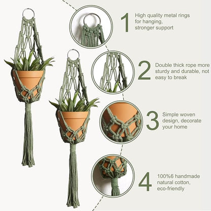 Artilady Macrame Hanging Planter for Indoor Plants, Boho Woven Plant Hanger Large Hanging Flower Pot Holders Outdoor Baskets Storage Green Wall Decor (Olive Green-2pcs)