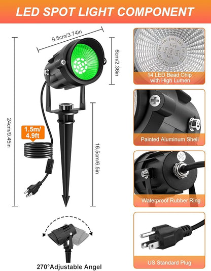 Green LED Spot Lights Outdoor, 14 LED Landscape Lighting with US Plug, IP65 Waterproof Spotlights for Tree Yard Garden Pathway Flag St. Patrick's Day Halloween Christmas Decor 2 Pack