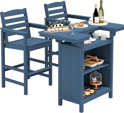 SERWALL Outdoor Bar Table Set (1 Table with 2 Chairs) – HDPE Blue Patio Bar Cabinet with 4-Tier Storage & Spacious Tabletop, Perfect for Outdoor, Poolside, Backyard