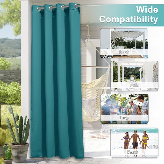 NICETOWN 2 Panels Peacock Teal Patio Outdoor Curtains 95 inch Length, Thermal Insulated Silver Stainless Steel Grommet Weighted Room Darkening Indoor Outdoor Drapes for Terrace, W52 x L95