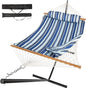 2 Person Outdoor Hammock with Stand, Cotton Rope Hammock with Polyester Pad, Adjustable Steel Frame, Portable with Carrying Bag – for Patio, Backyard, Garden, Beach, Blue Stripe