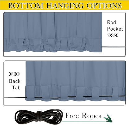 NICETOWN 2 Panels Outdoor Curtains Waterproof Pocket & Back Tab on Top & Bottom, Thermal Insulated Fixed Windproof Outdoor Drapes Privacy for Patio with Rope for Fixed, W52 x L84, Stone Blue