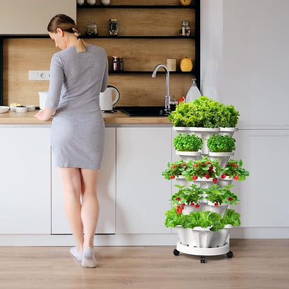 6 Tiered Strawberry Vertical Planters 2 Pack, Stacking Tower Garden with Support Pole, Stackable Herb Vegetable Planter Indoor Outdoor White