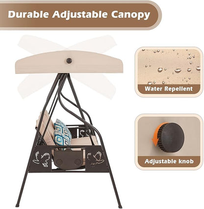 3-Seat Outdoor Porch Swing with Stand, Patio Swing with Canopy, 2 in 1 Porch Swing Bed & Patio Swing Chair for Adult, w/Extra Pillows and Cup Holder for Yard