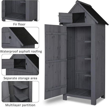 Outvita 70in Outdoor Storage Shed, Waterproof Wooden Garden Storage Cabinet with Lockable Door, Grey