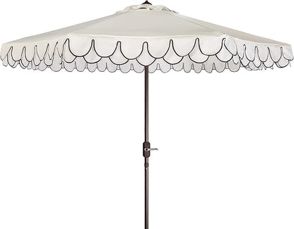 SAFAVIEH 9ft Outdoor Patio Umbrella, Round, Valance, Ivory & Black Trim, Auto Crank Tilt, UV Resistant for Deck, Backyard, Poolside (PAT8006E)
