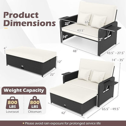Tangkula Patio Rattan Daybed with 4-Level Adjustable Backrest, Outdoor PE Wicker Loveseat with Storage Ottoman & Folding Side Tray, Double Sunbed Lounger for Balcony, Backyard & Poolside (White)