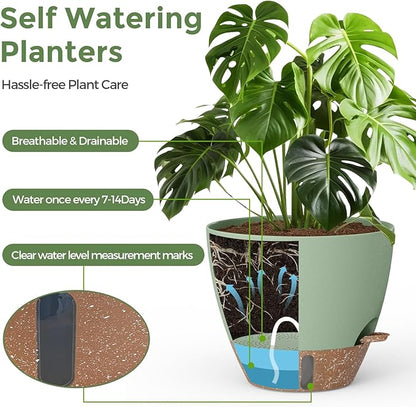 Plant Pots, 12" 10" 6" 8" Inch Self Watering Pots with Water Level Indicator, Set of 5 Flower Pots Indoor with Drainage Holes, Modern Planters for Indoor Outdoor Plants, Room & Office Décor