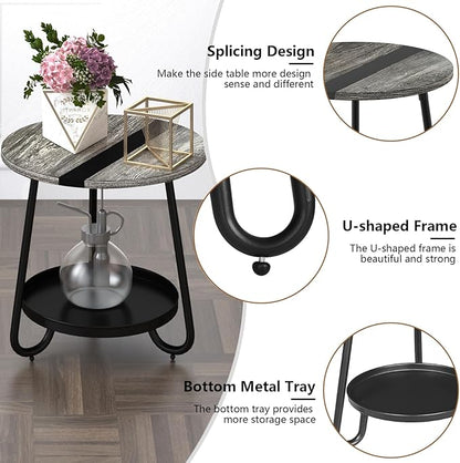 2 Tier Coffee Table in Living Room, Industrial Style Round Coffee Table with Metal Tray, Wood Small Outdoor Coffee Table for Bedroom Balcony Patio, Gray