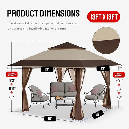 CROWN SHADES 13x13 Pop Up Gazebo, Canopy Tent, Gazebos on Clearance - Outdoor Gazebo for Backyard & Patio Furniture - Carpa Pop Up Tent with Wheeled STO-N-Go Cover Bag (Beige & Coffee)