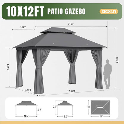 Aoxun Outdoor Gazebo for Patio 10x12, Metal Frame Canopy with Double Roofs, Heavy Duty Party Tent and Shelter with Mosquito Netting and Privacy Screen for Backyard, Lawn, Garden, Deck