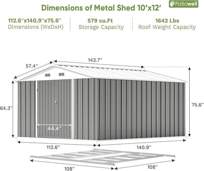 Patiowell 10 x 12 FT Metal Storage Shed for Outdoor with Floor Frame, Steel Yard Shed with Design of Lockable Doors, Utility and Tool Storage for Garden, Backyard, Patio, Outside use, Grey