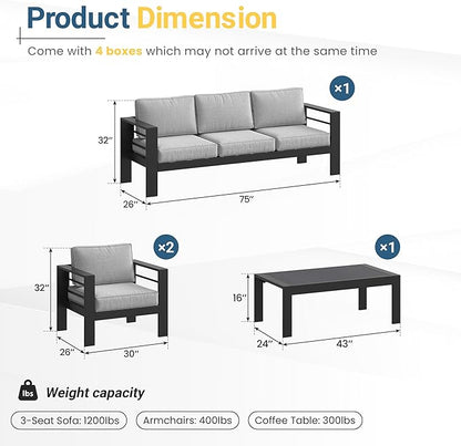 Solaste Aluminum Patio Furniture Set for All Weather, Oversized Outdoor Furniture Set with 27.5" Deep Seating and 3.2" Wide Armrest, Outdoor Patio Conversation Sets with 5" Cushion,Black and Grey