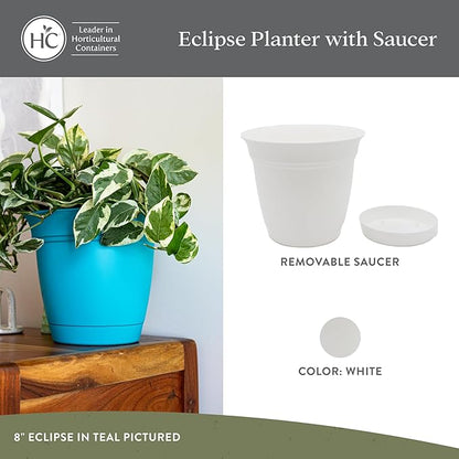 The HC Companies 12 Inch Eclipse Round Planter Pots with Drainage Holes & Attached Saucer, Lightweight UV-Resistant Plastic Indoor & Outdoor Planters, 2-Pack Flower Pots for Garden & Home Decor, White
