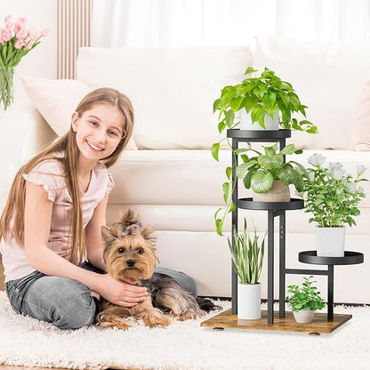 iDavosic.ly 3 Tier Plant Stand Indoor, Tiered Corner Flower Holder Shelf Outdoor, Metal Tall Orchid Display Rack for Patio Porch Garden Balcony Office Living Room, Modern Black & Rustic Brown