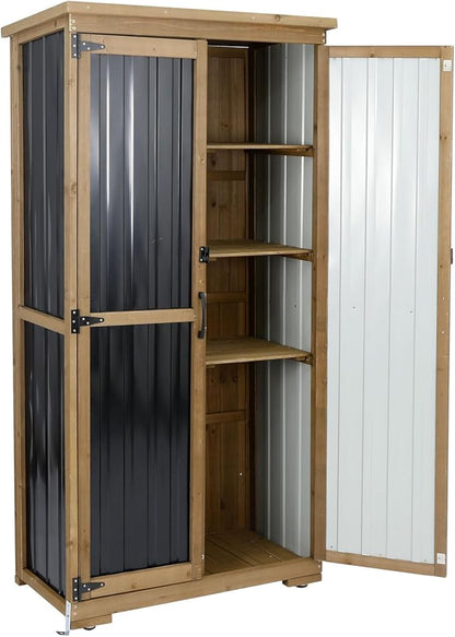Outdoor Storage Cabinet with Shelf, Wood & Metal Storage Shed with Waterproof Roof & Lockable Doors,Tall Outdoor Cabinets for Patio Backyard, Gardening Tools and Accessories, Brown