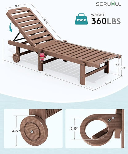 SERWALL Patio Chaise Lounge, HDPE Outdoor Lounge Chair with Cup Holder, 5 Positions Adjustable Poly Lounger with Rolling Wheels for Poolside, Deck, Sunbathing, Brown