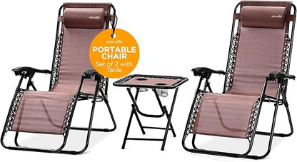 SereneLife Outdoor Zero Gravity Lounge Chair Set with Table – 2 Adjustable Recliners with Cup Holders, Headrest, Steel Frame & Foldable Design for Patio, Pool, Garden, or Camping