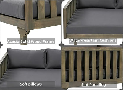 Merax Outdoor 3 Seater Daybed, Acacia Wood Day Bed Couch Sofa with Cushions for Patio Backyard, Garden, Dark Grey