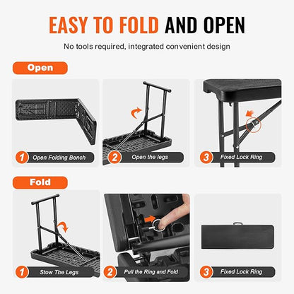 VEVOR Plastic Folding Bench, 6ft Portable Folding Bench, Smooth High Density Polyethylene Waterproof Outdoor Bench, Picnic Camping Table with Handle for Garden Soccer Playtime, Black (1 Pack)