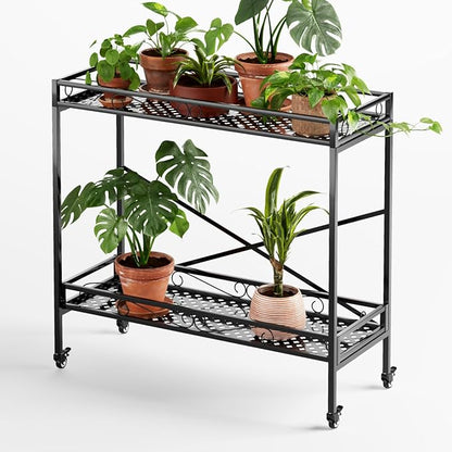 Zhongma 2 Tier Sturdy Metal Plant Stand with Wheels, 40.5x16x39.4 Inch High, Heavy Duty Succulent Shelf for Home Indoor and Outdoor, 440 LBS Capacity & Heavy Duty Construction