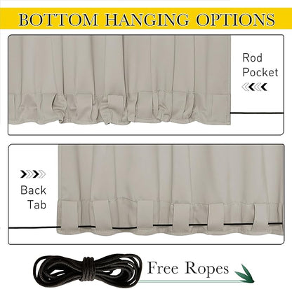 NICETOWN 2 Panels Natural Gazebo Curtains Outdoor Waterproof & Windproof, Top & Bottom Rod Pocket & Back Tab Windproof Privacy Outdoor Curtains Blackout Blinds with Fixed Rope for Patio, W52 x L95