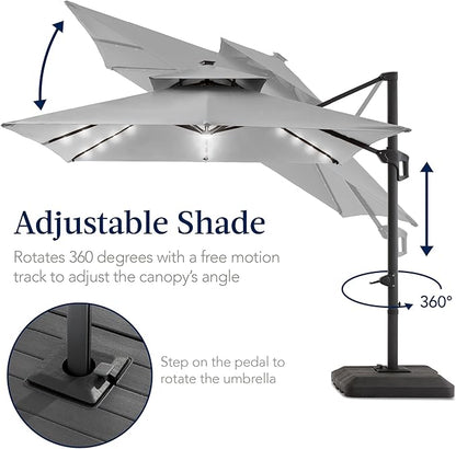 Best Choice Products 12x12ft LED Cantilever Patio Umbrella w/Base Included & 360° Rotation, Large Solar Offset Hanging Outdoor Sun Shade for Deck, Backyard Table w/Stand & Lights – Fog Gray