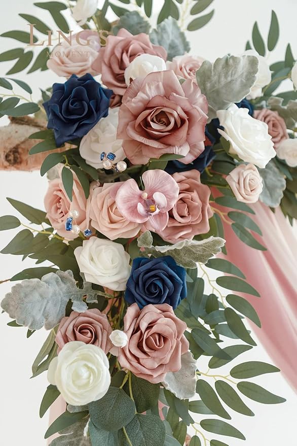 Artificial Flowers Wedding Arch Kit, Dusty Rose and Navy, Chiffon Drapes