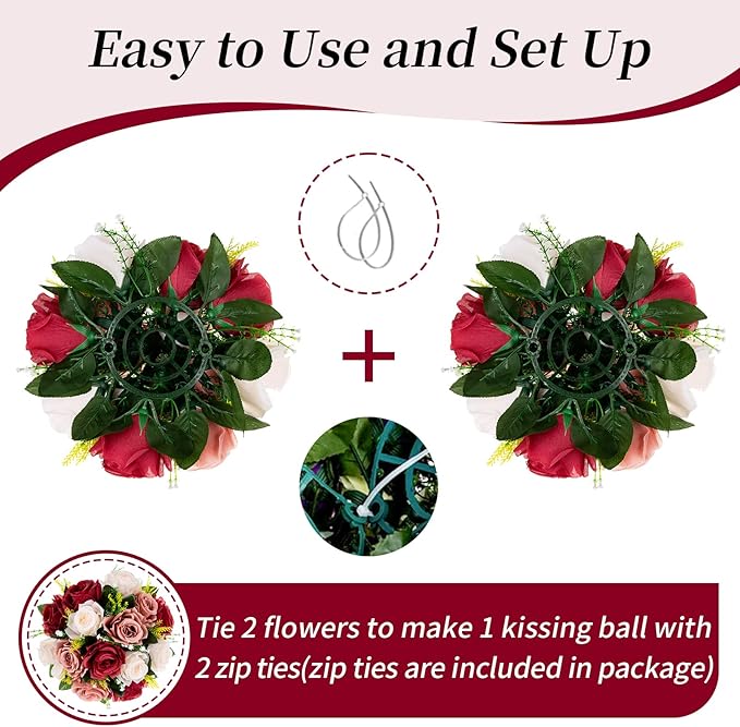 Artificial Flower Ball Centerpieces, Burgundy Silk Roses, 3-in-1 Design
