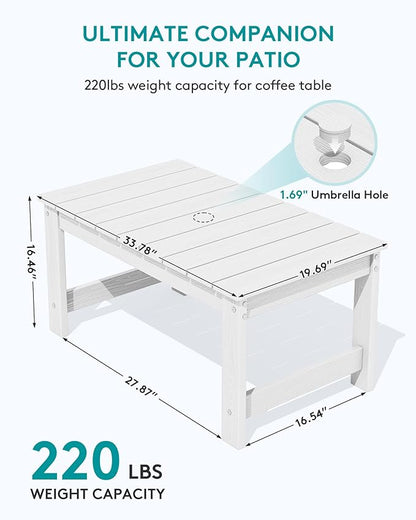 SERWALL Outdoor Coffee Table with 9FT Umbrella, HDPE Patio Coffee Table for Outside, Rectangle, White(Not Include Umbrella Base)