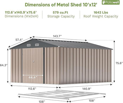 Patiowell 10 x 12 FT Metal Storage Shed for Outdoor with Floor Frame, Steel Yard Shed with Design of Lockable Doors, Utility and Tool Storage for Garden, Backyard, Patio, Outside use,Brown
