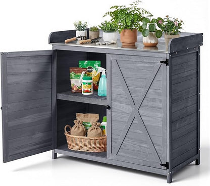 VEVOR Potting Bench Table, Outdoor Gardening Wooden Storage Cabinet with 39 x 19 in Wood Tabletop, Garden Planting Workstation with Large Storage Space for Patio, Backyard, Gray