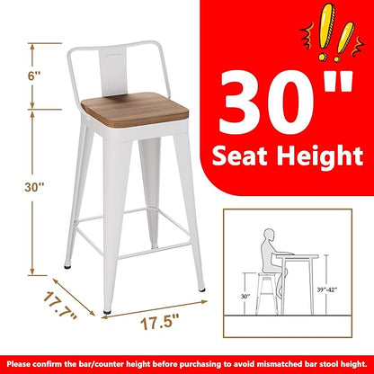 WENTMENT Metal Bar Stools Set of 2 Counter Height Barstools with Removable Back 30" Kitchen Bar Stools with Wooden Seat,Off White