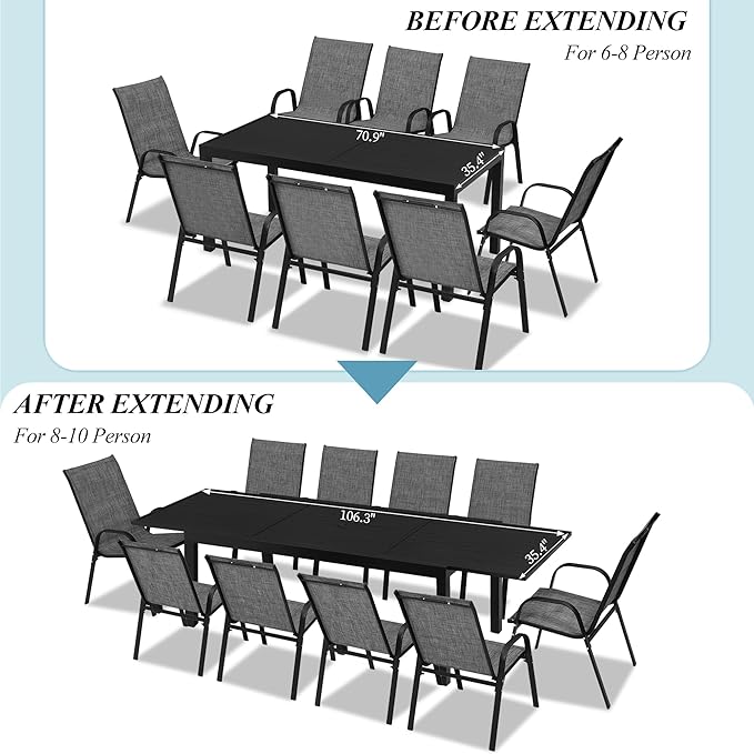 Outdoor Expandable Dining Table 71"-106" Aluminum Patio Dinner Table for 8-10 Person, Rectangular Metal Collapsible Tables with Umbrella Hole, Patio Tables with Extendable Top for Garden, Backyard