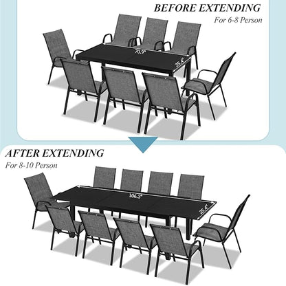 Outdoor Expandable Dining Table 71"-106" Aluminum Patio Dinner Table for 8-10 Person, Rectangular Metal Collapsible Tables with Umbrella Hole, Patio Tables with Extendable Top for Garden, Backyard