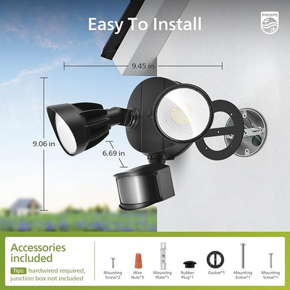 Philips 44W 4200 lm LED Security Light Outdoor w/PIR Motion Sensor, 5000K Daylight Flood Light, Waterproof, Dusk to Dawn, 2 Heads, 4 Modes