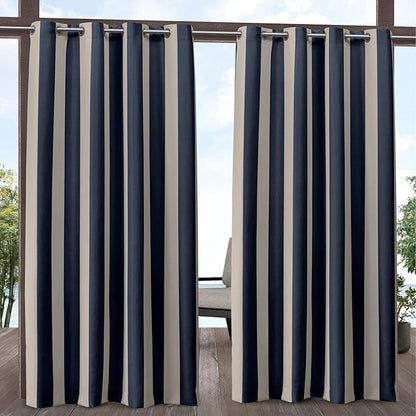 Exclusive Home Canopy Stripe Indoor/Outdoor Grommet Top Curtain Panel, 54"x96", Navy / Sand, Set of 2