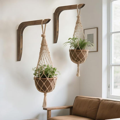 USION Wooden Plant Hangers Indoor Wall Mount, 8.6-Inch Hanging Plant Hooks for Wall, Basket Hooks for Lanterns, Flower Bracket, Wind Chimes, Light, Bird Feeders Decoration (Brown 4PCS)