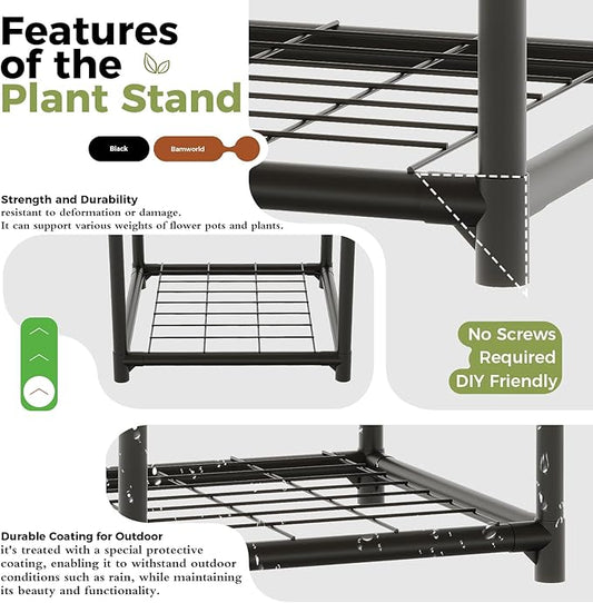 Plant Stand Outdoor Metal Plant Shelf for Multiple Plants in Black
