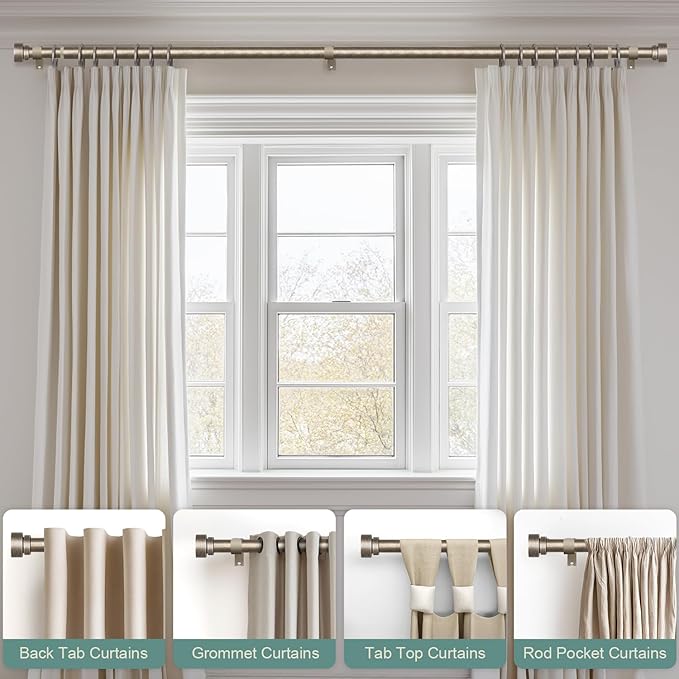 2 Pack Retro Silver Curtain Rods Set for Windows 28 to 48 Inches Adjustable Length Heavy Duty 1" Diameter Window Curtain Rod with Decorative Finials for Outdoor Bedroom Kitchen Living Room Farmhouse