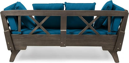 Merax Outdoor Patio Daybed Sofa,3-Seat Sofa with Foldable Arm 4 Back Pillows,Teak Acacia Wood Frame Beige Removable Cushion,Grey+Teal