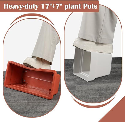 6-Pack 17" + 7" Window Box Planters & Square Pots - 4p Square Planters with Built-in Drainage & Stopper, 2p Rectangular Flower Boxes, Heavy-duty Flower Pots BPA-Free for Indoor Outdoor Gardening