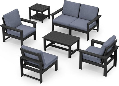 SERWALL HDPE Patio Furniture Set, 7-piece Outdoor Sectional Sofa Set, All Weather Outdoor Couch Set for Deck, Lawn, Black Frame with Grey Cushion