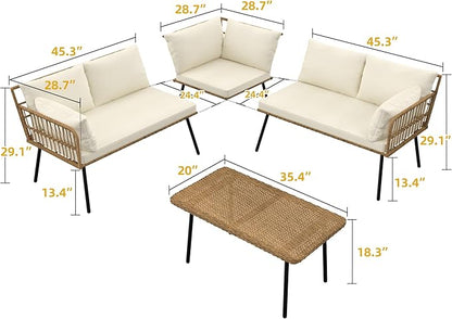 DWVO Patio Furniture Set, 4 Pieces Outdoor Patio Conversation Set, All-Weather PE Rattan Sectional L-Shaped Sofa with Soft Cushion and Side Table for Backyard, Porch, Boho Detachable Lounger (Beige)