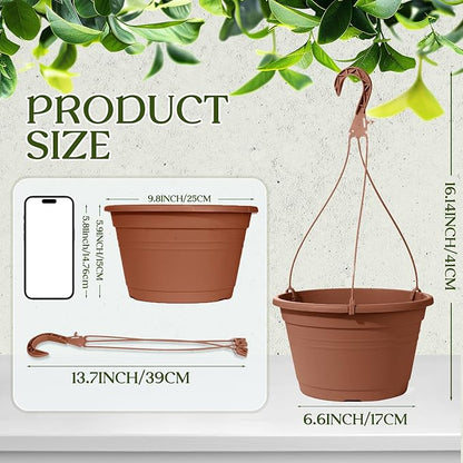 VIDELLY 4 Pcs Hanging Planters for Indoor Plants,10" Large Plastic Hanging Basket with Drainage Trays & Chain Holder for Outdoor Indoor Plants Garden Balcony Decoration, Brown