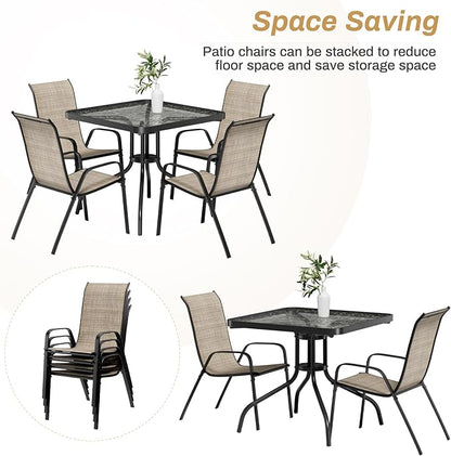 Arlopu 5 Piece Outdoor Patio Dining Set (Umbrella not Included), Porch Furniture with 4 Textline Chairs, 1 Square Glass Table for Garden, Backyard and Poolside, Lawn (Browm)