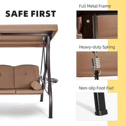 HOMREST 3 Seat Outdoor Porch Swing with 1.5" Deepened Cup Holder, Adjustable Canopy, Patio Swing Bed with Stand, Patio Glider Swing with Thicken Cushions, Pillow for Yard, Garden(Brown)