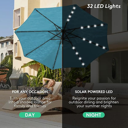 JEAREY 9FT Outdoor Patio Umbrella with Solar Lights, LED Lighted Pool Umbrella with Tilt and Crank, Outdoor Table Umbrellas for Deck, Yard & Market (Lake Blue)